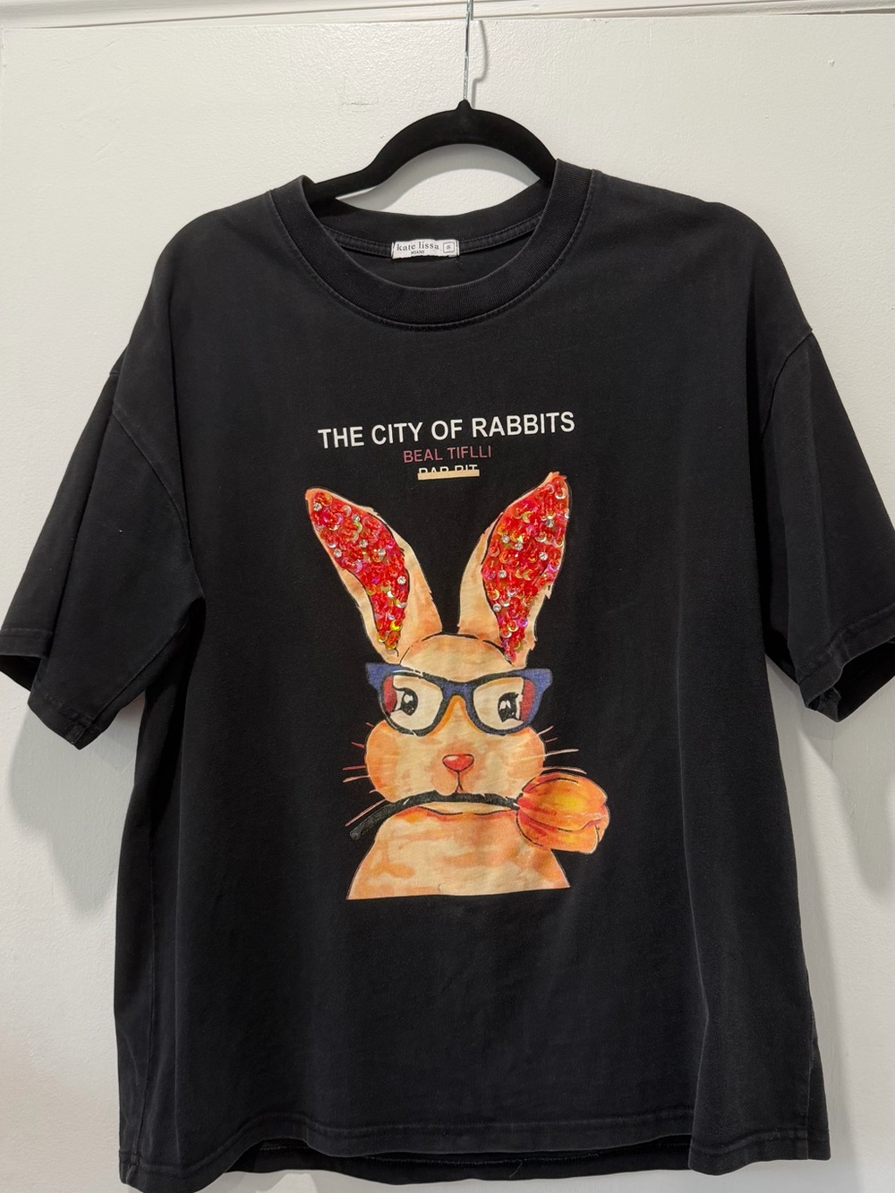 The City of Rabbits Graphic Tee - Black with Colorful Bunny